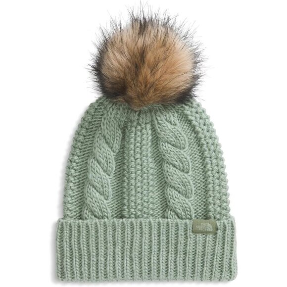 Women's Green Oh Mega Fur Pom Beanie Deep Fit Cuffed Winter Hat With Oversized